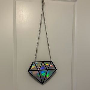 Diamond shape handbag on chain. Silver / gray. Super cute! Never used! Metallic